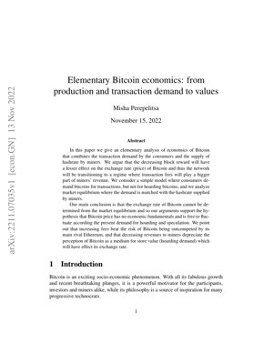 PDF Document Cover - Elementary Bitcoin Economics: Analysis of Production, Transaction Demand, and Value